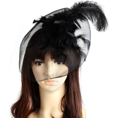 New Black Feather Mini Top Hat Organza Mesh Hair Clip Girl Fascinator Veil Wedding Bridal Party Brides Hair Accessories Women