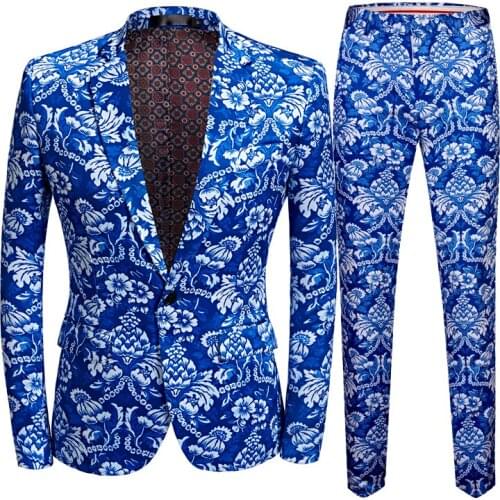 US size Men Business Casual Slim Suit Sets Fashion blue printed Tuxedo Wedding formal dress Blazer stage performances Suit
