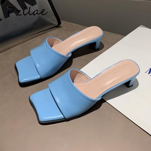 Pzilae Summer womens mules square toe 2020 fashion elegant square toe low heels slides ladies outdoor leisure slippers blue