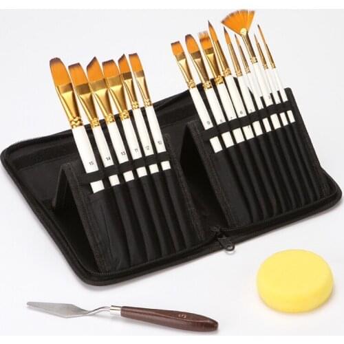 15Pcs Wooden Paint Brush Set For Artists Watercolor Acrylic Oil Painting with Free Scraper Sponge Pen Storage Holder Bag