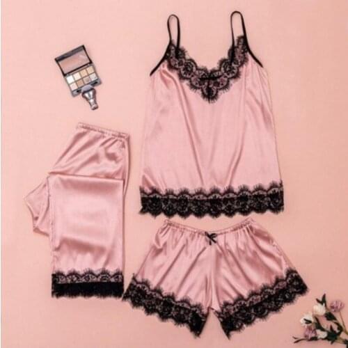 Solid Color Lace Pajamas Sleepwear for Women Sleeveless Strap Pyjamas Satin Lingerie Three-piece Suit Home Service