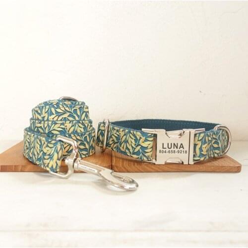 Personalized Pet Collar Custom Puppy Nameplate ID Tag Adjustable Buckle Strong Gold Leaf Basic Collars Lead Leash Set