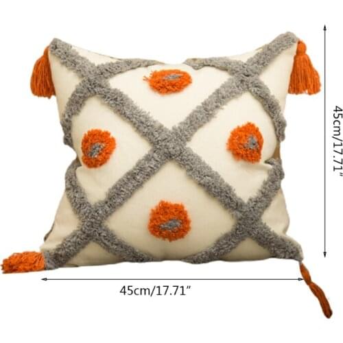 Nordic Style Orange Gray Tufted Throw Pillow Case with Tassel Boho Woven Geometric Striped Square Cushion Cover Decor