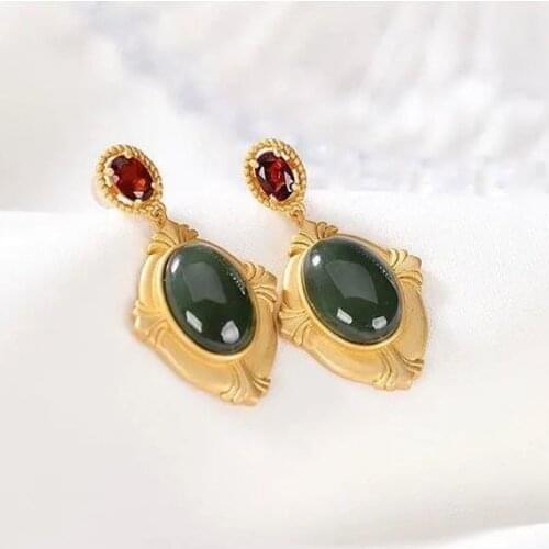 S925 Sterling Silver Gold-Plated Natural Hetian Gray Jade Baroque Earrings High Sense for Cheongsam of the Republic of China Jad