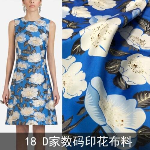 Flower Printed 100% Polyester Blue Fabric Brand Fashion Shirt DIY Clothing Custom Cloth Fabrics by the Meter for Dress Sewing