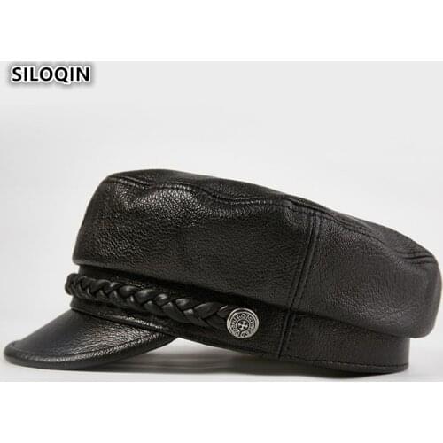 SILOQIN Snapback Cap Elegant Womens Army Military Hats Genuine Leather Hat Autumn Mens Sheepskin Leather Black Brand Flat Caps