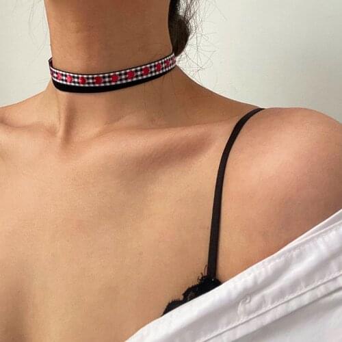 Vogallery Fashion Heart Plaid Chokers Necklace Women Double Embroidered Short Necklace Choker Jewelry Sexy Club Accessories 2020