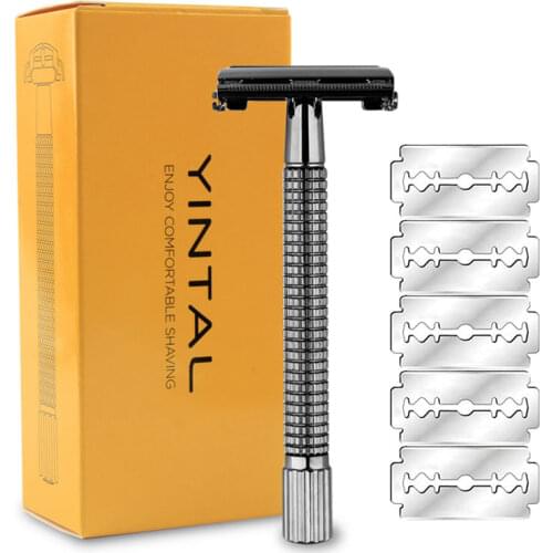 YINTAL Long Handle Version Butterfly Open Double Edge Safety Razor Mens Classic Manual Razors 1 Razor 5 Blades