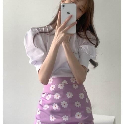 2021 Summer New Fashion Two Piece Set Retro Floral High Waist Hip Mermaid Skirt Set Women Puff Sleeve Tops + Chiffon Midi Skirt