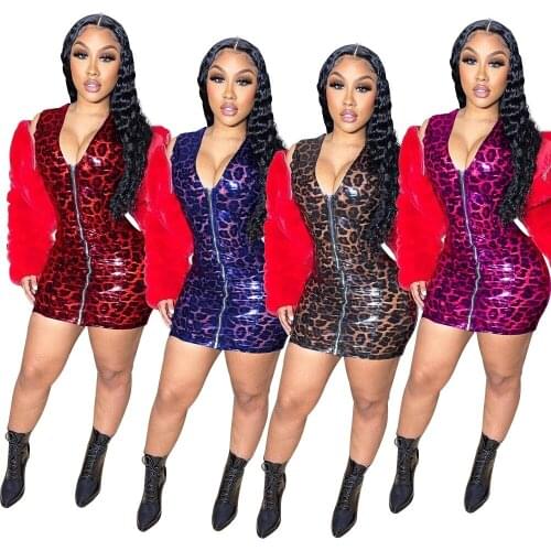 Leopard Digital Print Women V Neck Sexy Mini Dresses
