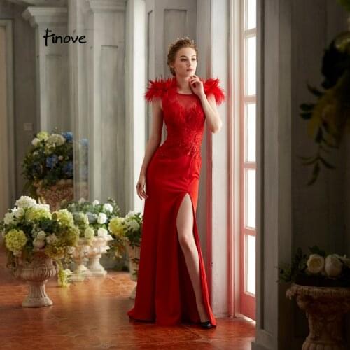 Finove Gorgeous Red Evening Dresses Long 2019 O-Neck With Appliques Feathers Sexy High Split Floor-Length Mermaid Formal Dress