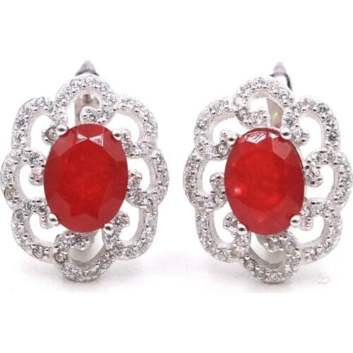 17x14mm SheCrown 2020 Hot Sell Real Red Ruby White CZ Sister Jewelry Making Silver Earrings