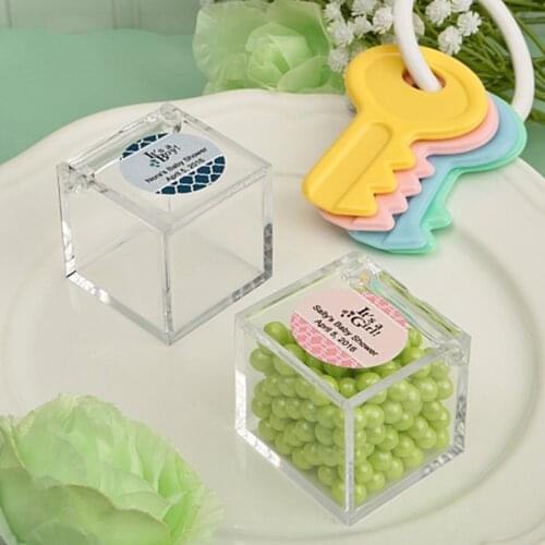 24pcs/lot Clear DIY Wedding Gift Box Baby Shower Favors Personalized Mini Transparent Plastic Candy Box with Customized Labels