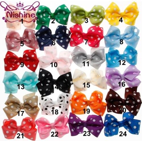 Nishine 24pcs/lot 3" Handmade Dot Ribbon Bows Hair Bow For Children Headband Hairpins Hair Accessories(Color:24 Colors)