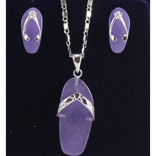 Free Shipping slippers-shaped purple Jades Earring Pendant Chain Jewelry Set