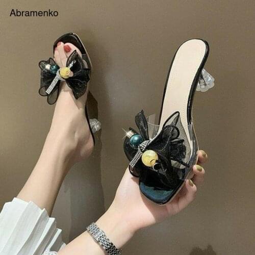 Shoes Women Female Sandals Glitter Slides Med Butterfly-knot Heeled Mules Soft 2020 Jelly Summer High Transparent Basic