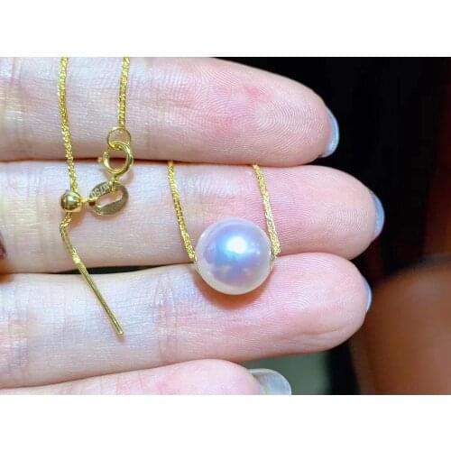 D523 Pearl Necklace Fine Jewelry Solid 18k Gold Nature 9-10mm Nature Fresh Water Top Pink Pearl Pendants Neckalces for Women