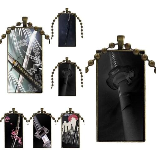 For Women Glass Cabochon Pendant Necklace Rectangle Fashion Necklace Katana Japanese Wallpaper Print