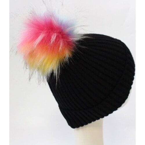Classic Black Angora Blend Women Hats Thick Beanie with Rainbow Colorful Faux Fur Pompom
