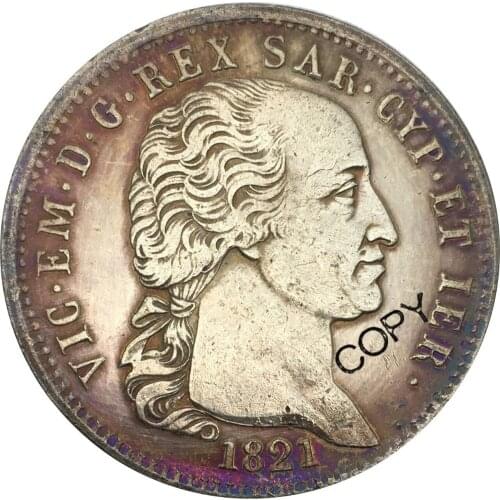 Italy States Sardinia 1821 Vittorio Emanuele 5 Lire Brass Silver Plated Copy Coin