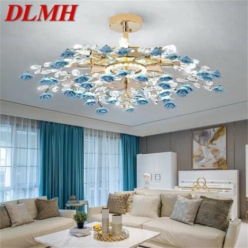 DLMH Creative Chandeliers Light Crystal Pendant Lamp Blue Flower Branch Home LED Fixture for Living Dining Room