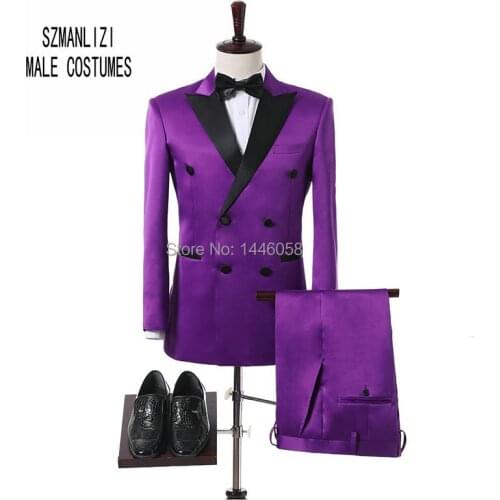 Custom Made Mens Tuxedo 2018 Mens Slim Fit Suits With Pants Double Breasted Prom Party Formal Purple Groom Wedding Suits For Men
