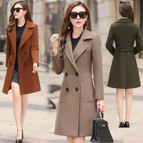 Autumn and winter woolen coat womens new double-breasted waist long slim solid color wool windbreaker DF190430