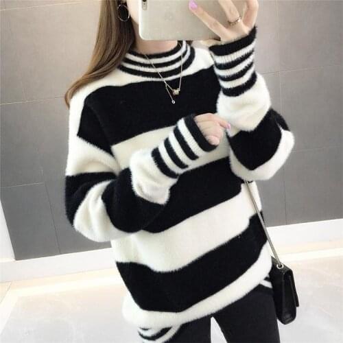 Autumn Winter Mink Like Half High Collar Thickened Warm Pullover Female Student Korean Loose Striped Long Sleeve Women Sweaters