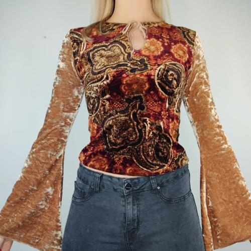 2021 Autumn Velvet Floral Crop Top y2k Vintage TShirt Long Sleeve O Neck Pullovers Cut Out Slim Tshirt Women Casual Harajuku Tee