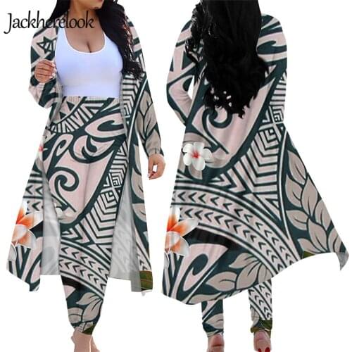 Jackherelook Casual 2 Piece Outfits Vintage Samoan Polynesain Tribal Tattoo Print Long Sleeve Open Front Cardigan and Pants Set