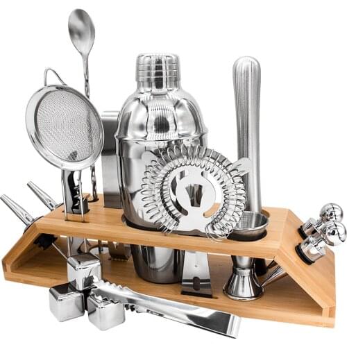Cocktail Shaker Set 17pcs Bartender Tools Boston Cup Kit 750/550ML Wine Mixer Wooden Frame with Whiskey Stone Bar Accessories