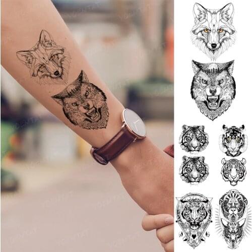 Waterproof Temporary Tattoo Sticker Fox Wolf Head Tiger King Lion Animal Black Tatoo Arm Small Flash Tatto Man Woman Child Tato