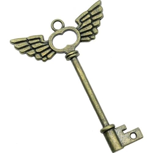 WYSIWYG 1pcs 60x41mm Vintage Wing Key Pendants Charm For Jewelry Making Antique Bronze Color Angel Wing Key Pendants Charm