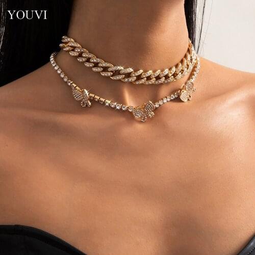 YOUVI 2PCS Layered Crystal Chains Necklace for Women Goth Miami Thick Clavicle Chain on Neck Butterfly Choker Necklace Jewelry