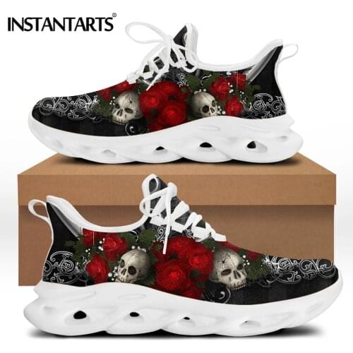 INSTANTARTS Gothic Rose Sugar Skulls Brand Design Spring Women Sneaker Casual Wear-resistant Walking Shoes Lace-up Footwear 2021