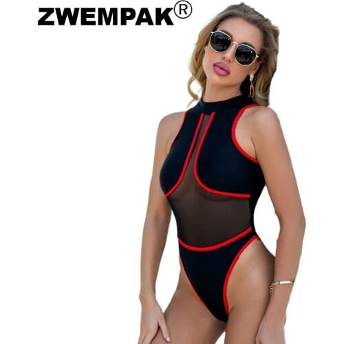 Womens 2021 One Piece Swimwear High Neck Sleeveless Mesh Swimsuit Black & Red Patchwork Monokini Female Retro Bikini Bodysuit