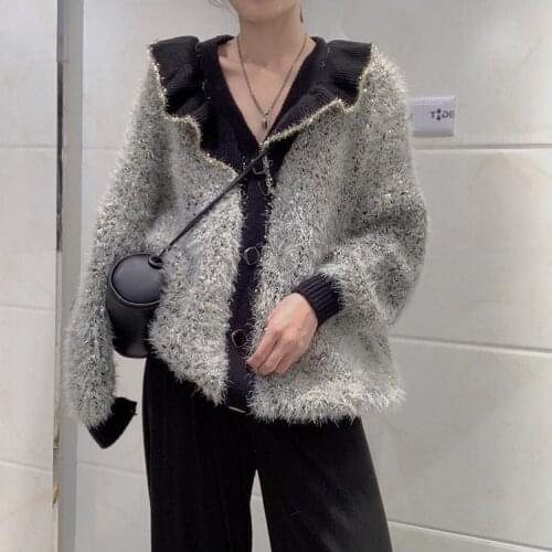 New gold silk lace collar sweater women 2021 sweet plush color matching fashion cardigan women cardigan black sweater cardigan