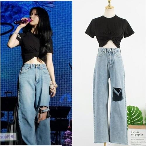 Kpop IU Lee Ji Eun Black Sexy Short Hem Knotted TShirt Tops+Blue Loose High Waist Hole Wide Leg Straight Jeans Women 2 Piece Set