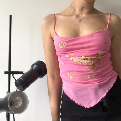 Women Sexy Y2K Aesthetic Sequin Butterfly Embroidery Cami Top Spaghetti Strap Sleeveless Crop Top Streetwear E-girl Outfit