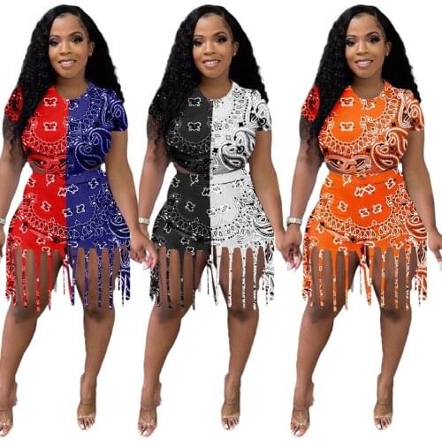 Sexy Tassel Bandana Tracksuit Women 2 Pieces Patchwork Club Outfit O Neck Crop Top + Biker Shorts Summer Outfits Matching Sets