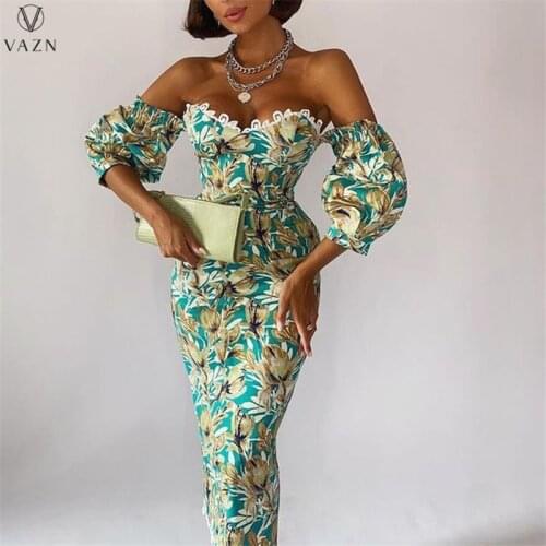 VAZN 2021 Autumn Long Dress Sexy Retro Print Strapless Sleeve Half Sleeve High Waist Pencil Maxi Young Vestidos For Female