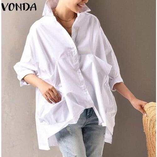 2021 VONDA Women Shirts Casual Turn Down Neck Long Sleeve Solid Blouses Femme Loose Bohemian Party Blusas Loose Spring Tops