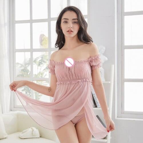 6 Color 2018 New Summer Women Sexy Lace Net Yarn Lingerie Transparent Off-The-Shoulder Erotic Temptation Sleepwear Full Slips