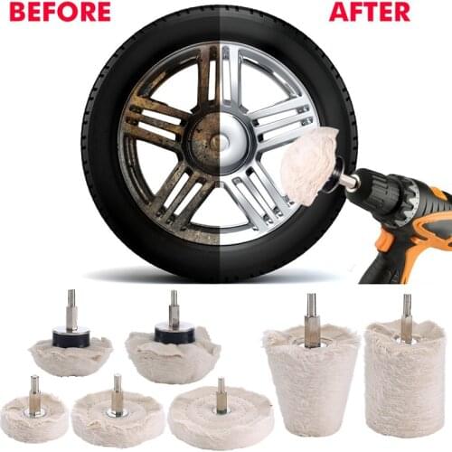 7PCS Car Buffing Cotton Wheel for Drill Polishing Pad with 1/4" Handle Detail Buffing Wheel Kit Car Rims Polishing Waxing Pad