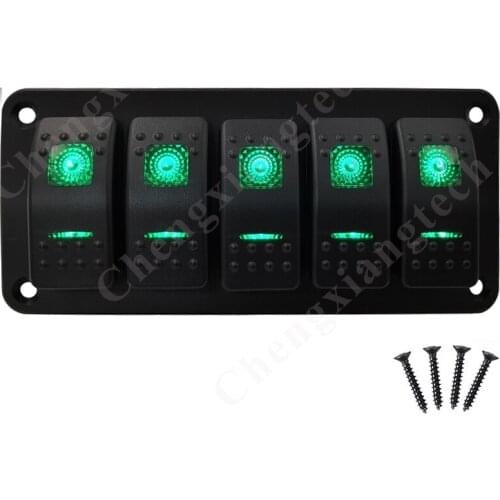 12v 24v Car Boat 5 Gang Aluminum Rocker Switch Panel Green Led 5Pin SPST On Off Toggle Switch DIY Accessories
