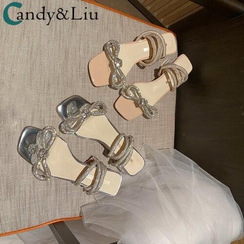 Girls Sandals Stone Crystal Bow Sandals Womens Rough Heel 2021 Summer New with Fairy Wind Big Size Small Size Sandals Plus Size