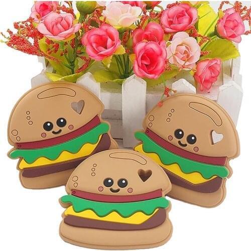 Chenkai 5PCS BPA Free Silicone Hamburger Teethers Sensory Chewing Pacifier DIY Baby Necklace Pendant Teething Chewing Toys