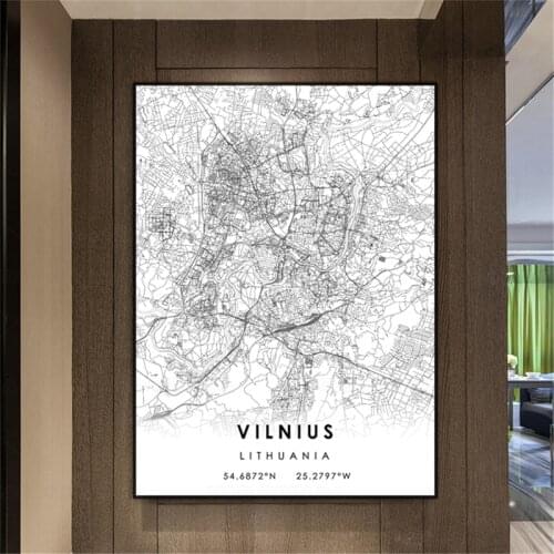 Black and White World City Map Lithuania Vilnius Wall Art Canvas Poster Prints Nordic Style Paintings Picture for Living Room