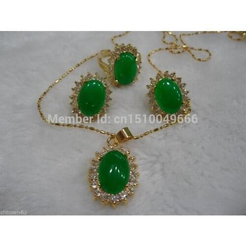 ER134 Hot sale good SHIP>>>Fashion jewelry beautiful green STONE necklace pendant earring ring 7-9 # Set