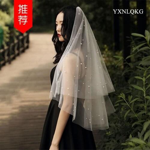 Hot Sale Women Tulle Bridal Veil Pearl Wedding Veil 2 Tier Short Veil White ivory veil wedding accessories With comb Real Photos